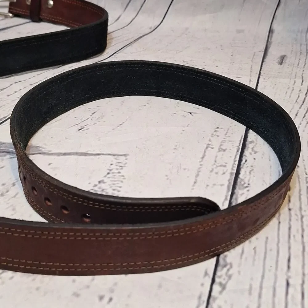 Brown Genuine Leather Belt Double Stitch Silver Tone Buckle Classic SzL 56